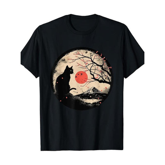Anime Japanese Retro Cat, Cotton T-shirt, Niche Print Design, High-quality Breathable Material, Soft Skin and Sweat Absorption Made in USA