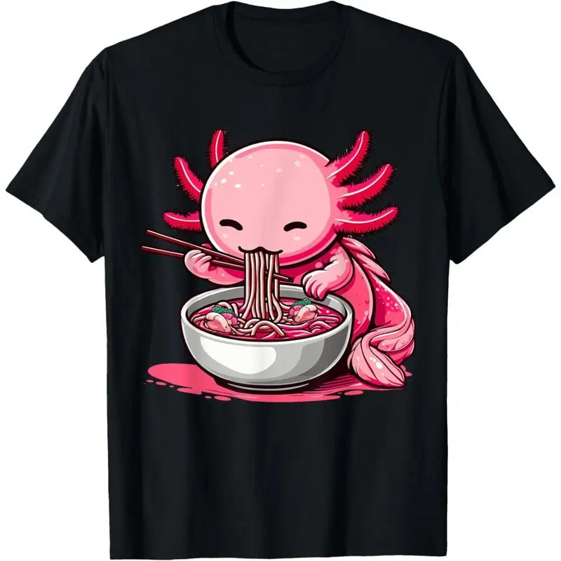 Anime Kawaii Axolotl Eating Ramen Noodles Kids Teen Girl Boy T-Shirt  made in usa