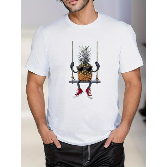 Anthropomorphic Pineapple On Swing Print, Men's Niche Crew Neck Tees, Casual Comfy T-shirts For Men, Clothing Tops For Summer made in usa
