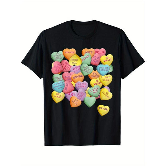 Anti-Valentine'S Day Conversation Hearts T-Shirt, 100% Cotton, Casual Crew Neck, Medium Stretch, Knit Fabric, Regular Fit, Adult, with Printed Candy Hearts Design, for Running & Daily Wear, S-XXXL made in usa