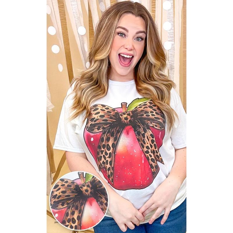 Apple Cheetah Bow Rhinestone Graphic Shirt