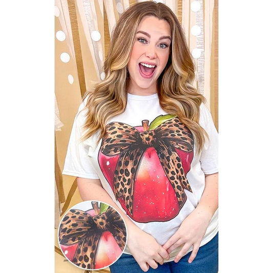 Apple Cheetah Bow Rhinestone Graphic Shirt