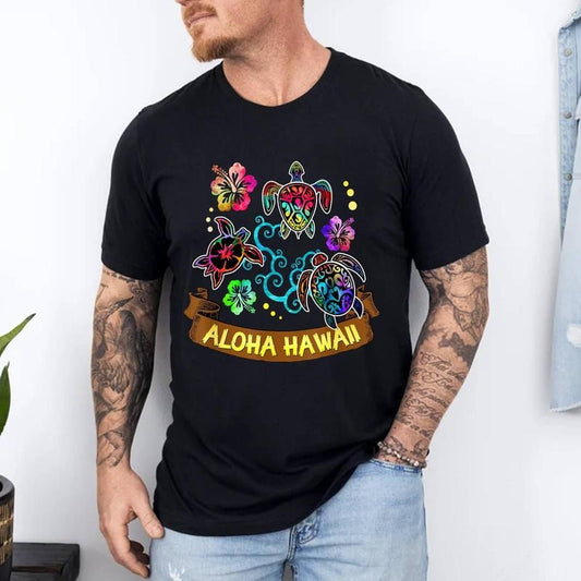 Artistic and Beautiful Aloha Hawaii Turtles T-Shirt | Unisex Cotton Tee, Short Sleeve, Size S-3XL