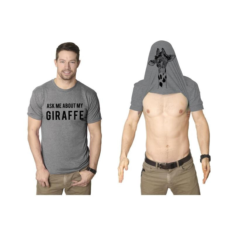 Ask Me About My Giraffe T Shirt Funny Animal Flip Cool Graphic Hilarious Tee Mens Funny T Shirts Cool Tees Soft Stylish Casual Menswear Light Grey
