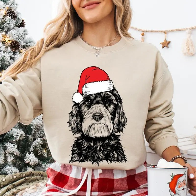 Aussiedoodle Christmas Sweatshirt, Santa Aussiedoodle Christmas Shirt, Dog Mom Christmas Sweater, Black Tan Doodle Dog Lover Christmas Gifts