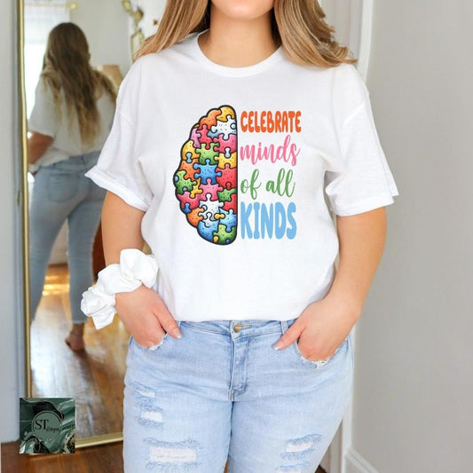 Autism Awareness Celebrate Minds of All Kinds White 100% Ring spun Cotton T-Shirt Unisex Fit
