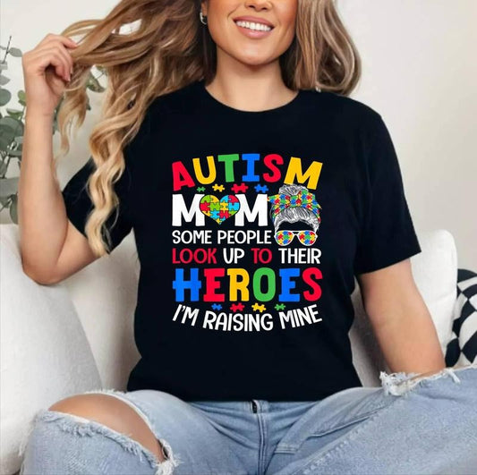 Autism Mom Raising Hero Groovy Messy Bun Autism Awareness T-Shirt ,Unisex Cotton, Top Womenswear