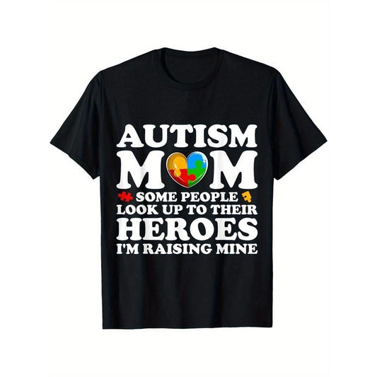 Autism Mom Raising Hero Groovy Messy Bun Tee T-Shirt, 100% Cotton, Summer Casual Short Sleeve Tee, Super Soft, Breathable, Crew Neck, Summer Perfect for Daily Wear & Holiday Gifts