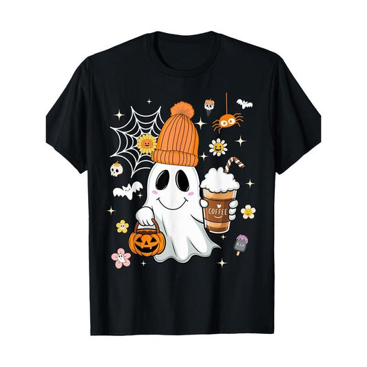 Autumn Man Woman Cute ghost drinking coffee spooky Halloween 100% Cotton T-shirt Made in USA