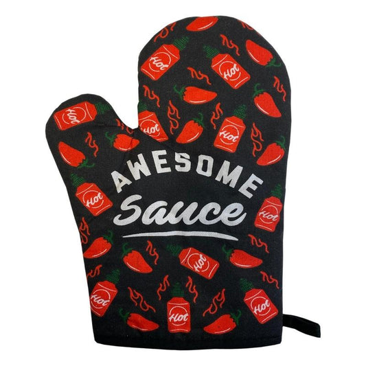Awesome Sauce Oven Mitt Funny Hot Sauce Peppers Graphic Novelty Kitchen Glove Funny Graphic Kitchenwear Funny Food  Novelty Cookware Black