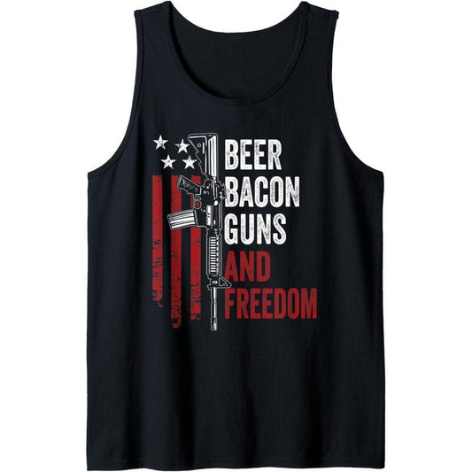 BEER BACON GUNS & FREEDOM - Funny BBQ Gun USA Flag Drinking Tank Top