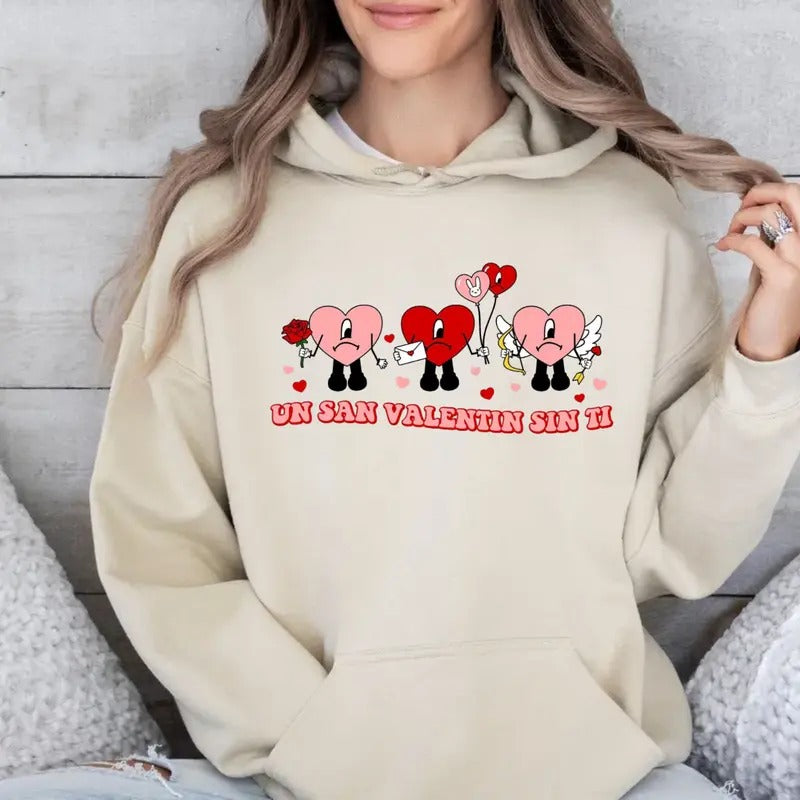 Baad Bunny Heart Shirt, Un San Valentin Sin Ti Shirt, Badd Bunny Valentine Sweatshirt Hoodie, Unisex Sweater Pullover Tee