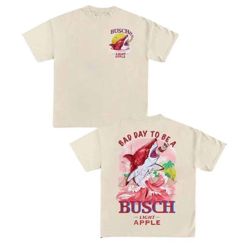 Bad Day To Be A Busch Light Apple T-Shirt, Summer Shark Drinking 2-Sided Graphic Tees Summer Outfit Ideas Womenswear Casual Unisex Cotton