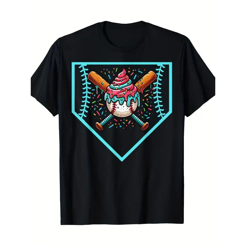 Baseball Home Plate Drip Ice Cream Softball & Baseball T-Shirt Crew Neck, Casual, Print, Fashion-100% Cotton-220g made in usa