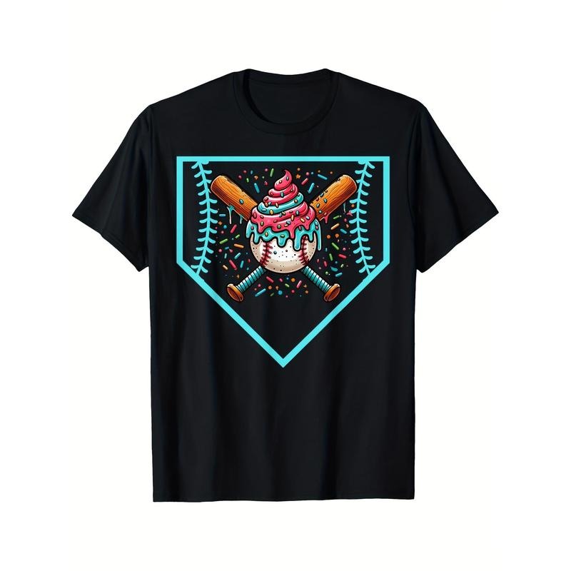 Baseball Home Plate Drip Ice Cream Softball & Baseball T-Shirt Crew Neck, Casual, Print, Fashion, 220g made in usa