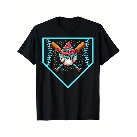 Baseball Home Plate Drip Ice Cream Softball & Baseball T-Shirt Crew Neck, Casual, Print, Fashion, 220g made in usa