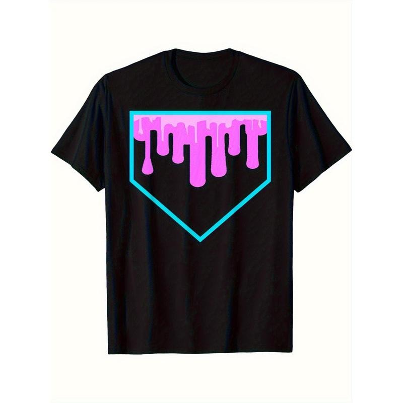 Baseball Home Plate Drip Ice Cream Softball and Baseball 1 Men's T-Shirt Personalized Printed Pattern, Casual Crew Neck Short Sleeves, Comfortable Cotton Short Sleeves, Wear in All Seasons made in usa