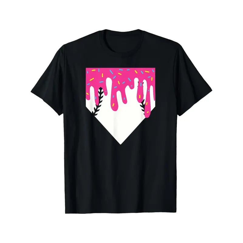 Baseball Home Plate with Ice Cream Drip Graphic T-Shirt, 100% Cotton, Casual Crew Neck, Slight Stretch, All-Season Knit Fabric, Regular Fit, for Children 12 and Under made in usa