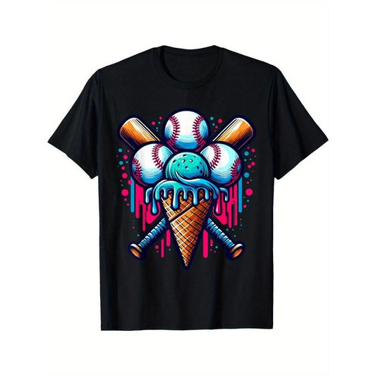Baseball Ice Cream Watercolor Sports Lover Ice Cream Cone , Soft Fabric, Breathable, Comfortable Short Sleeve , Soft Fabric, Breathable, Comfortable Short Sleeve Tees Perfect for Summer, Toddlers Birthday to Kids Clothes made in usa
