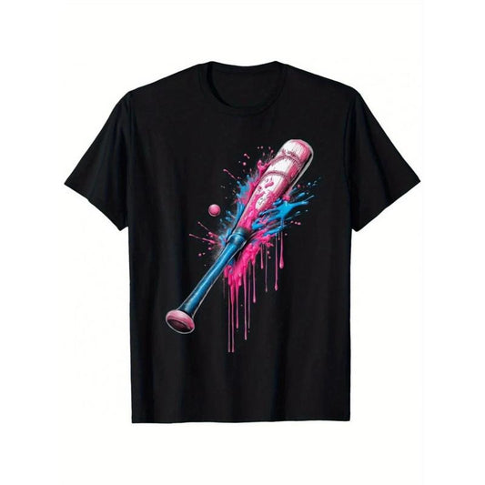 Baseball-Inspired Cotton T-Shirt with Bat Print - Casual, Breathable & Machine Washable for All Seasons made in usa