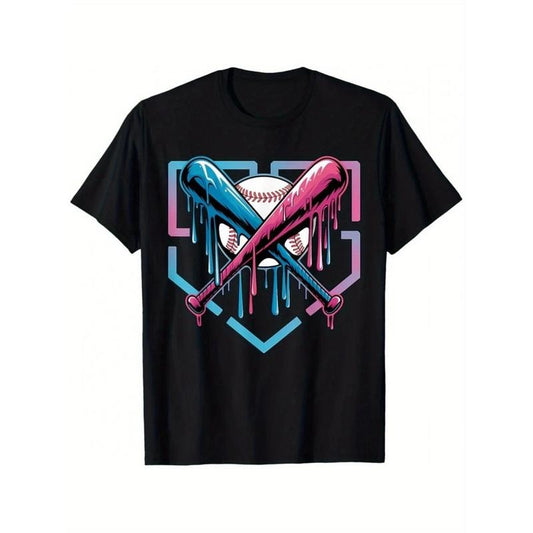 Baseball-Inspired Cotton T-Shirt with Ice Cream & Bat Print - Casual Round Neck, Short Sleeve Tee for All Seasons made in usa