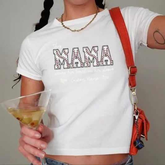 Baseball Mama Baby tee with Kids Name on Sleeve, Baseball Top for Mom, Baseball Season Babytee, Sports Mom Tee