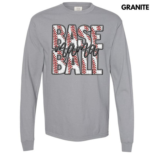 Baseball Mama Faux Embroidery Long Sleeve Comfort Colors T-Shirt