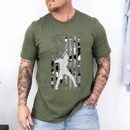 Baseball Player American Flag USA Camo Patriotic Graphic T-Shirt | 100% Cotton Tee, Top Menswear