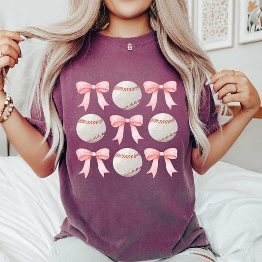 Baseball, Pink Bows, Mother, Mama, Sports, Coquette Tshirt, Women's Crew Neck, Crewneck