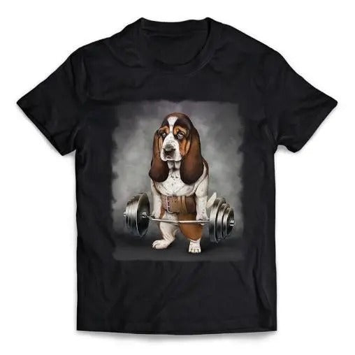 Basset Hound Dog Muscle Training with Barbell Shrug Bar Gym - Short-Sleeve Unisex, Men Made in USA