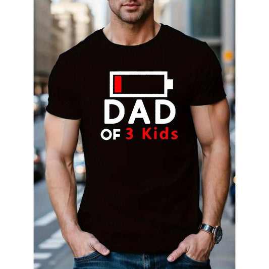 Battery And Letter DAD Pattern Print Men's Casual Short Sleeve Round Neck T-Shirt, Breathable Trend Exquisite Soft Short Sleeve Sports Top Made in USA