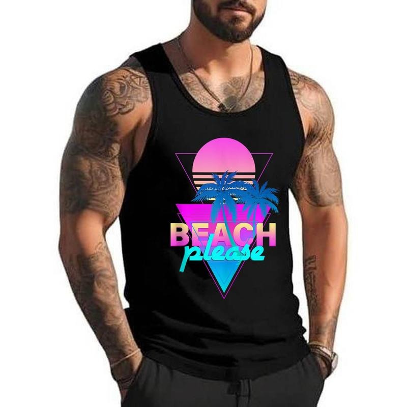Beach Please Vaporwave Retro Palm Tree & Sunset Synthwave Unisex Tank Top, Cotton, Size S-3XL