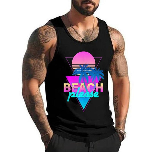 Beach Please Vaporwave Retro Palm Tree & Sunset Synthwave Unisex Tank Top, Cotton, Size S-3XL
