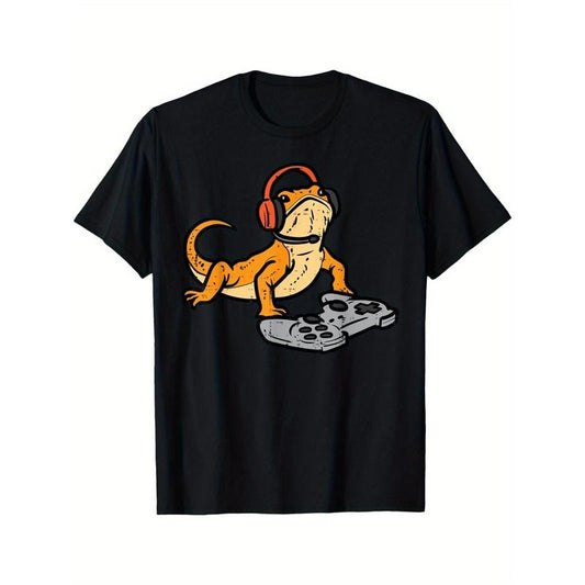 Bearded Dragon Video Gaming Graphic T-Shirt - Black Cotton Tee for Men and Boys with Funny Gamer Animal Design made in usa