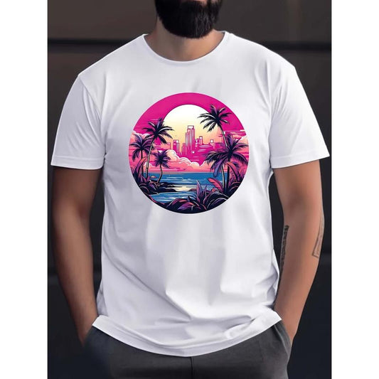 Beautiful Sunset With Building Silhouette Pattern Print Men's Casual Short Sleeve Round Neck T-Shirt, Breathable Trend Exquisite Soft Short Sleeve Sports Top made in USA