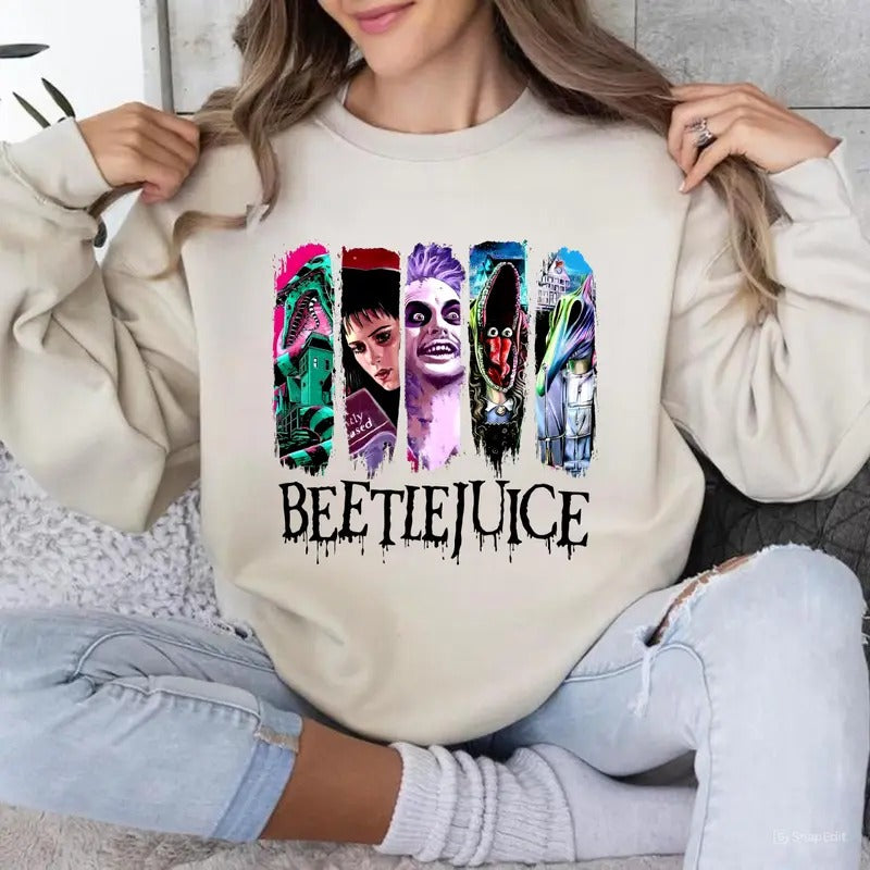 Beetlejuice Halloween Sweatshirt, Horror Characters Sweatshirt, Halloween Movie Character Sweatshirt, Unisex Classic Cotton Tee With Graphic Print in All Sizes, For Men, For Women