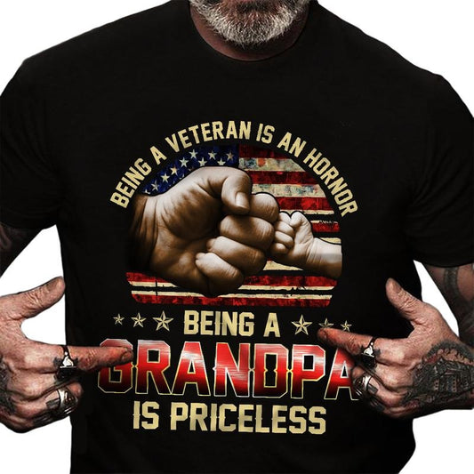 Being A Veteran Is An Honor Being A Grandpa Is Priceless Cute Fist Bump & Us Flag Patriotic, Unisex Short Sleeve Tee, Casual Clothing