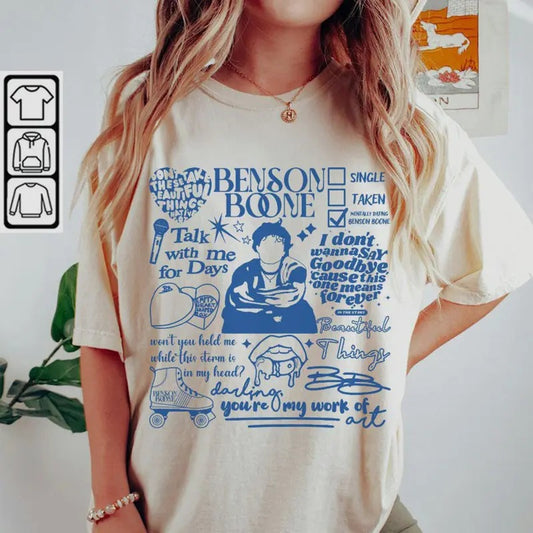 Benson Boone Doodle Art Fireworks And Rollerblades World Tour 2024 Concert Shirt, Unisex Short Sleeve Tee Crewneck Casual Lady Top Womenswear