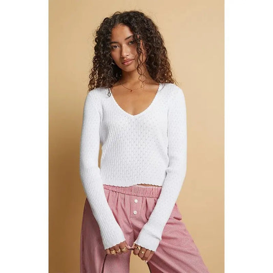 Beverly and Beck Women's Mona Pointelle V-Neck Sweater