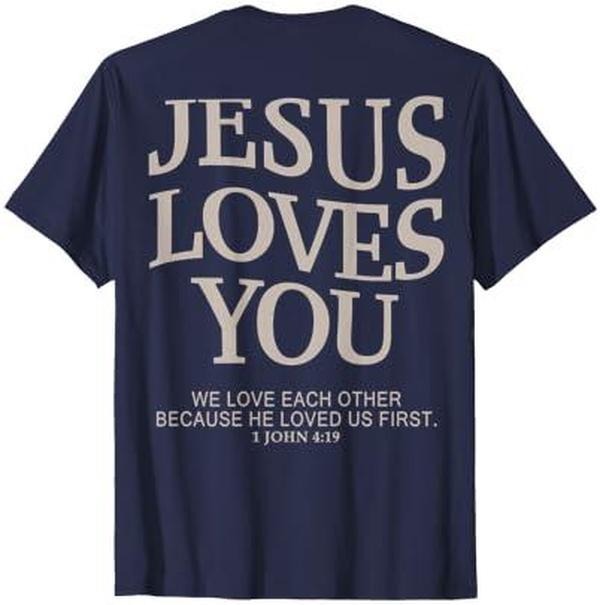 Bhgytec Jesus Loves You Christian T-Shirt - Blue, Small, Unisex-Adults, Short Sleeve, Crew Neck, Modern Classic, Letter Print, Religion, Christmas