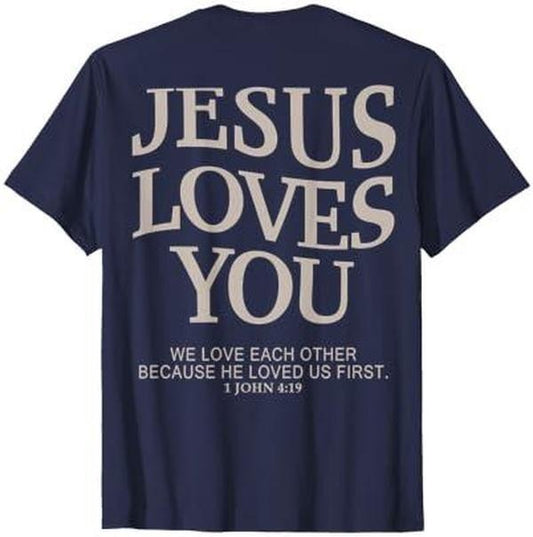 Bhgytec Jesus Loves You Christian T-Shirt - Blue, Small, Unisex-Adults, Short Sleeve, Crew Neck, Modern Classic, Letter Print, Religion, Christmas