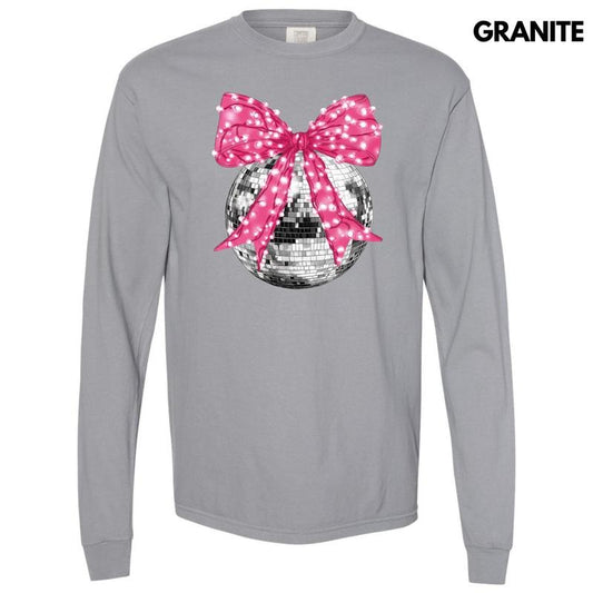 Big Disco Pink Bow Long Sleeve Comfort Colors T-Shirt 'NLB'