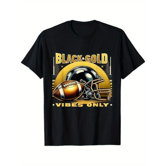 Black & Gold Vibes Only Game Day Funny Tournament Football T-Shirt, 100% Cotton, Halloween Thanksgiving Christmas Gift for Men Women Family Friends, S-XXXL, Black made in usa