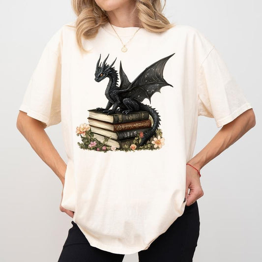 Black Baby Dragon Book Comfort Colors Shirt, Fantasy Book Lover T-shirt, Bookish Graphic Tee, Booktrovert Clothing, Gift For Romantasy Readers