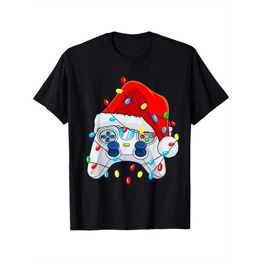Black Casual Short Sleeve Men's Sport T-Shirt - Video Game Controller Christmas Santa Hat Gamer Boys Made in USA
