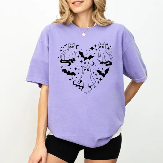 Black Cat Halloween Shirt, Funny Cat Ghost Tee, Halloween 2024 Graphic Printed Tee, Spooky Vibes Unhinged Shirt, Cat Lover Halloween Tee, Spooky Season Shirt, Comfy Fabric Graphic Tee, Women's Tops, Womenswear, Cotton Fabric Relaxed Fit Chic Style