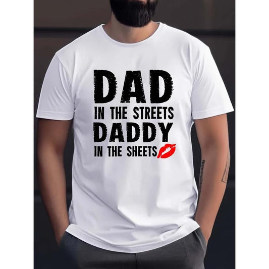 Black Letter DAD DADDY Pattern Print Men's Casual Short Sleeve Round Neck T-Shirt, Breathable Trend Exquisite Soft Short Sleeve Sports Top made in USA