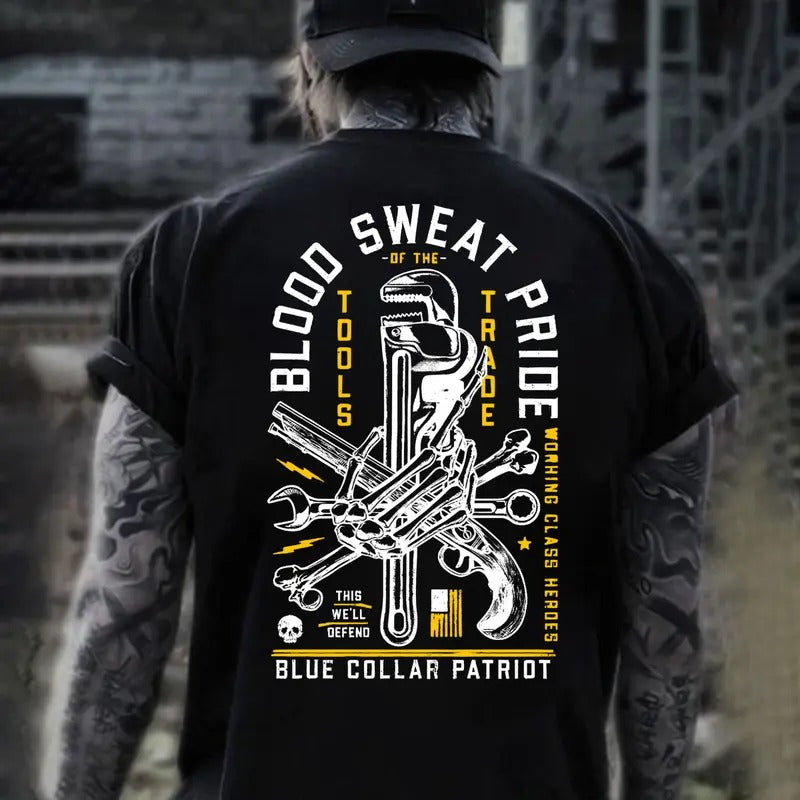 Blue Colar Patriot Blood Sweat Pride This We'll Defend Back Side Printed T-shirt - Crewneck Sweatshirt - Hoodie, Dirty Hands Honest Money Howitzer Patriot Streetwear, Workwear