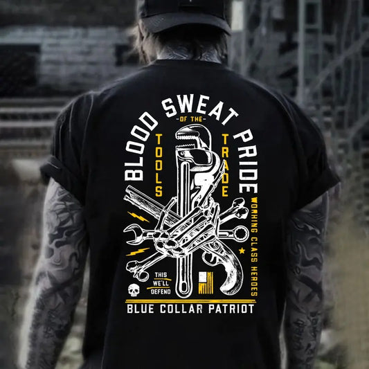 Blue Colar Patriot Blood Sweat Pride This We'll Defend Back Side Printed T-shirt - Crewneck Sweatshirt - Hoodie, Dirty Hands Honest Money Howitzer Patriot Streetwear, Workwear