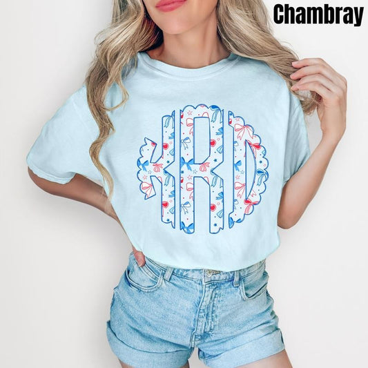 Blue USA Bows Monogram Comfort Colors T-Shirt 'NLB'